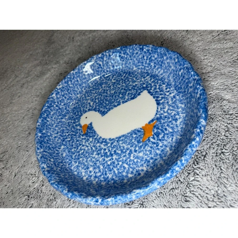 NS Gustin Co Vintage Blue Spongeware Goose Pie Dish Hand Decorated USA 10
